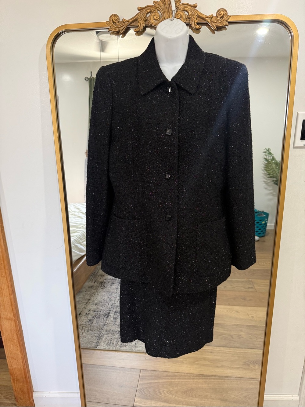 Bloomingdales Now Women's Black Textured Jacket and Skirt Set